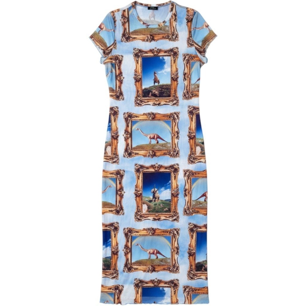 Lala Original Mesh Dinosaur Dreamscape Maxi  Dress Size XL Short Sleeve Bodycon